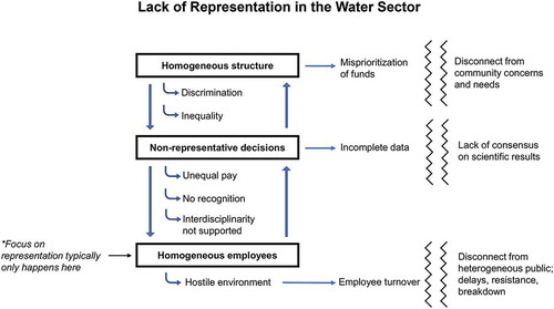 Figure 2. Lack of representation: current conditions in the water sector, where lack of representation can lead to homogeneous organizational structure, non-representative decision-making, discrimination, and employee turnover