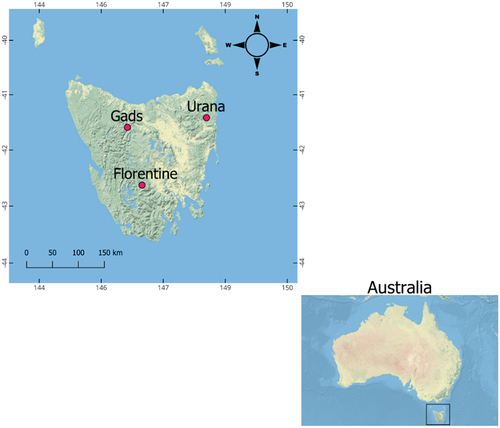 Figure 1. Location of the three silvicultural trials of Eucalyptus nitens (Gads, Florentine and Urana) in Tasmania, Australia. The map of Tasmania is based on the ESRI Physical map of the Quick Map Services in QGis, which uses dark greens for dense forests, lighter greens for grasslands or agricultural areas, yellows and browns for arid land and deserts, and blues for water bodies. The island state of Tasmania is shown in a black rectangle in the bottom right insert of Australia