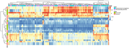 Figure 4 The clustering heatmap of selected radiomics features in the training dataset.