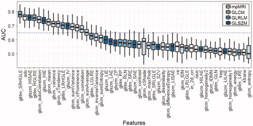 Figure 2. Performances of single feature classifier for tumour grade stratification. Fifteen features have median AUC values above 0.65, indicated by the dashed line (Y-axis: area under the curve, AUC).