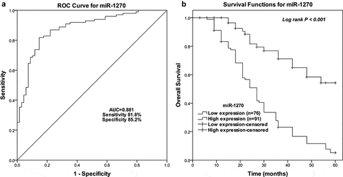 Figure 3. The prognostic power of miR-1270 in gastric cancer overall survival. (a) The power of miR-1270 in distinguishing survivors from non-survivors by ROC curves. (b) Kaplan-Meier survival analysis of patients based on the high and low miR-1270 expression. Log-rank test P < 0.001.