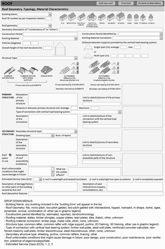 2 Form screenshot (section related to roof geometry, typology and material characteristics) with list of terms included in the drop-down menus