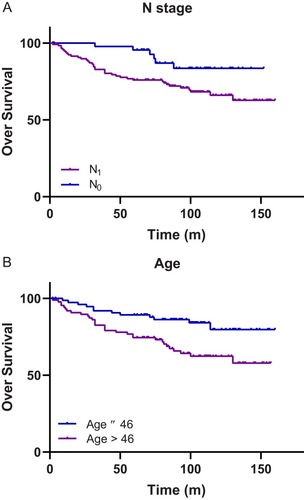 Figure 2 N stage and age were the independent prognostic factors for over survival (OS) of stage II NPC patients. (A) OS tended to decrease with N1 stage (P=0.005); (B) OS tended to decrease with older age (>46 years old) (P=0.015).