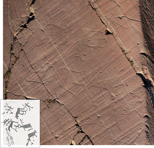 Fig. 4. Hunting elks with spears and bows at Kåfjord, 23 masl. Notice the dogs partaking in the hunt. (Photo/tracing: K. Tansem).