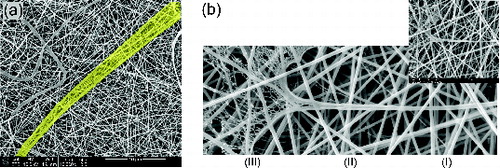 FIG. 6. SEM images that illustrate the formation mechanism: (a) a partially split ribbon-like fiber and (b) a fiber partially split in the longitudinal direction; the panel on the top right corner is a zoomed-out view of the same fiber.