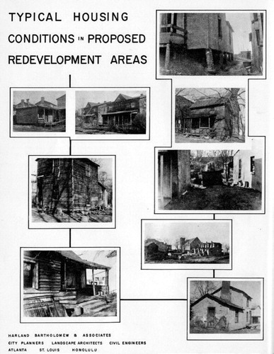 Figure 9. This collage exaggerates the worst conditions in a portion of the Vinegar Hill neighborhood, and it excludes images of well-kept homes on nearby blocks. HBA, (Atlanta, GA: HBA, Southeastern Office, May 1959). (Image in the public domain.)