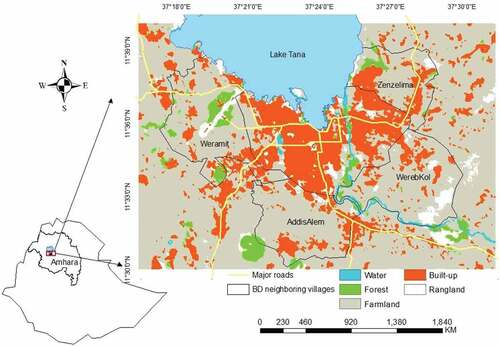 Figure 1. Bahir Dar city and the study area. Source: Environmental systems research institute (ESRI) 2020 Land Cover, Inc.