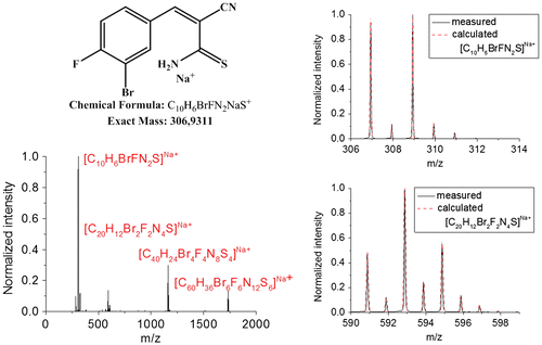 Figure 3. ESI-TOF mass spectrum of 3b4 with peak assignment and exemplary overlays of the measured and calculated isotopic patterns (monomeric and dimeric species).