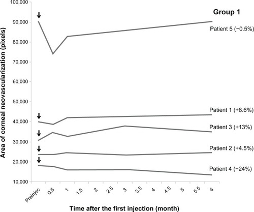 Figure 4 Corneal vessel area at each time point in group 1.