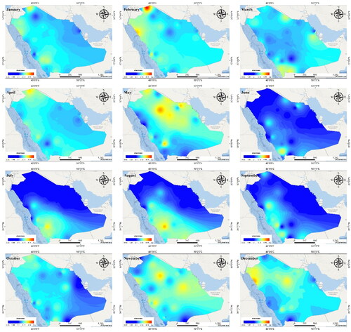 Figure 6. Spatiotemporal distribution of the monthly skewness for the stations in the current study from January to December.