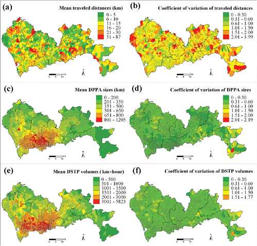 Figure 7. Extracted human mobility patterns using 1D, 2D, and 3D indicators: (A) and (B) traveled distance; (C) and (D) daily potential path area; and (E) and (F) daily space–time prism. DPPA = daily potential path area; DSTP = daily space–time prism.