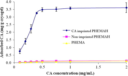 Figure 4. Effects of CA concentration on the CA adsorption onto CA-imprinted PHEMAH cryogel. Temperature: 25°C, pH: 6.0 MES buffer, chromatographic flow rate: 0.5 mL/min.