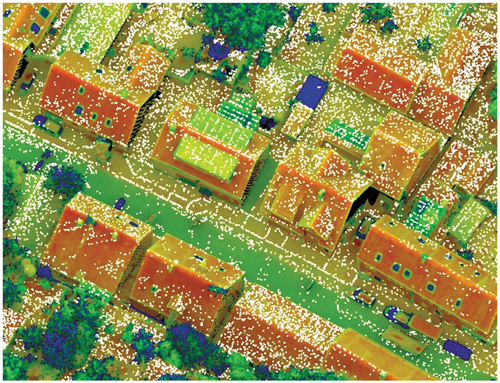 Figure 1. LiDAR points colored by reflectance and photogrammetric tie points (white) as additional observations for hybrid strip adjustment.