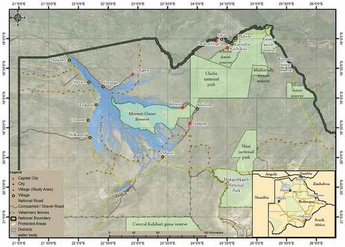 Figure 1. Map of Botswana showing study areas. (Source: Blackie).