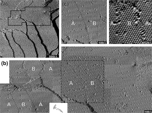 Figure 6. Scanning tunneling microscopic images for reaction intermediates in toluene oxidation after heating to 400 K. Surface conditions were the same as in Figure 4. (a) Large-scale STM image showing the surface topography. (b) Overlaid STM images recorded in the boxed region in (a). Regions appearing in different contrast are separated by dashed lines and marked as A and B. (c) An image acquired at the same location as the boxed area in (b). (d) Details of the two different regions.