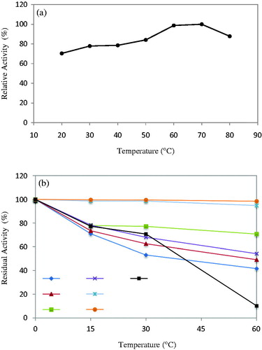 Figure 3. Effect of temperature on activity (a) and stability (b) of the purified protease from B. licheniformis A10.