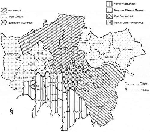 Figure 4. Greater London with its 32 Boroughs plus the City of London. This map illustrates the territorial coverage of archaeological work by seven archaeology units prior to today’s structure.Copyright: Museum of London 1990