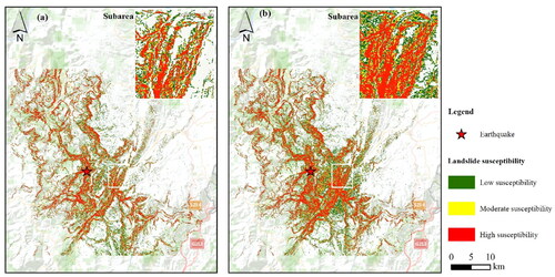Figure 12. Seismic landslide susceptibility assessment of Ludian earthquake using the permanent-displacement analysis method without considering the spatial heterogeneity of rock mass strength (a) and with considering the spatial heterogeneity of rock mass strength (b).