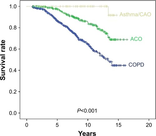 Figure 1 Kaplan–Meier survival curves for COPD, ACO, and asthma/CAO.