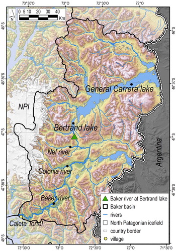 Figure 1. Baker River basin including the General Carrera and Bertrand lakes. The gauging station at Lake Bertrand is marked with a triangle (47°03′S; 72°48′W). Baker River and its largest tributaries, the Nef and Colonia rivers, are shown at the bottom of the map above the small village called Caleta Tortel. The Argentinian portion of General Carrera Lake is not shown on the map.