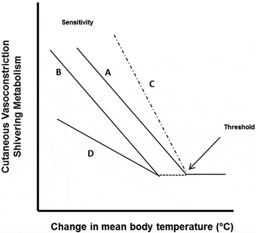Figure 2. Representation of the thermal effector response (vasoconstriction, shivering) to a change in mean body temperature (ΔMBT) relationship. As mean body temperature decreases a thermal effector response (e.g., shivering) is elicited and increases (line A). The inflection point where this increase occurs is the threshold. The slope of the effector-ΔMBT relationship represents the sensitivity of the response. Line B denotes a response where the threshold is shifted, such that a thermal effector response does not occur until a larger ΔMBT occurs. In Line C, there is no threshold shift, but a change in the sensitivity of the response. For this example, line C denotes a greater sensitivity to a ΔMBT, that is, there is a greater effector for a given ΔMBT. Line D denotes both a threshold and sensitivity change. Reproduced from Castellani and Young, 2016 [Citation2].