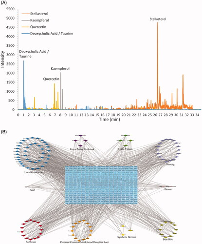 Figure 2. (A) HPLC profiles corresponding to stellasterol (orange), kaempferol (gray), quercetin (yellow), and deoxycholic acid/taurine conjugate (blue), shown according to their intensity peaks at different retention times. (B) Construction of the HXP compound-putative target network. The compound-putative target network was constructed by linking candidate compounds from the ten herbs, which are constituents of HXP, to their putative targets. The nodes representing candidate compounds are shown as polychromatic triangles, and the targets are indicated by blue squares.