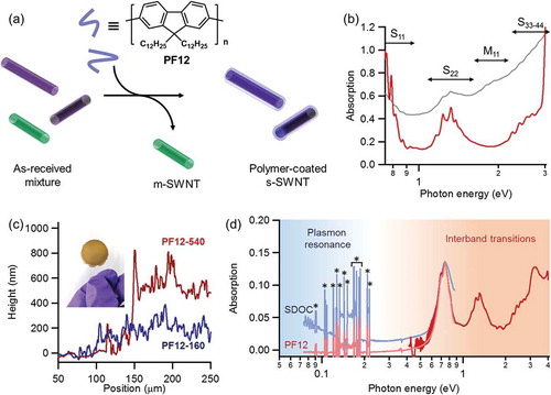 Figure 1. (a) Schematic of the separation of s-SWNTs from as-received mixture by conjugated polymers. (b) Absorption spectra of s-SWNTs dispersed by PF12 in toluene (brown line) and by SDOC in D2O (grey line). (c) Height profiles of transferred films on PET substrates. The inset photograph shows the reddish brown PF12/SWNT-320 film on PET. (d) Absorption spectra of an s-SWNT film in the UV-Vis-NIR (brown) and NIR-MIR (pale red) regions. A pale blue line shows the MIR spectra of a SDOC-dispersed film as a reference. Sharp background spikes (*) in the MIR region (0.09–0.22 eV) are derived from the vibration modes of PET.