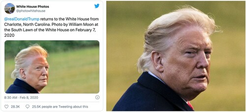 Figure 8. Trump skin comparison.Note: A photo, at left, which depicted an extreme difference between the tanned and untanned portions of US President Donald Trump’s face, attracted widespread attention and drew condemnation from Trump himself. Other photos taken the same day, such as the one at right, by Al Drago for Bloomberg, show a similar but less extreme difference. Passive forensic methods, such as evaluating the image for contrast/lighting inconsistency, could provide certainty to the claims that the image at left was Photoshopped.