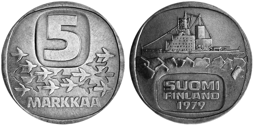 Figure 5. The Finnish five Mark coin, depicting the icebreaker ‘Tarmo’, became the highest denomination coin in 1971. The designer wanted to explicitly break the romantic notion of Finland as a country of nature and farmers. Source: Talvio, Suomen rahat, 101–3. The picture presents the 1979 renewed version with the icebreaker ‘Sisu’ © (Mint of Finland) Reproduced with the permission of the Mint of Finland.