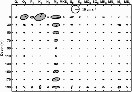 Fig. 12 Tidal current ellipses of primary components, decomposed into the barotropic (shown at zero depth) and baroclinic components over the water column. Ellipses are centred at the measurement depths. The shading of the ellipses indicates clockwise vector rotation; the line from the ellipse centre shows the velocity direction at the zero phase.