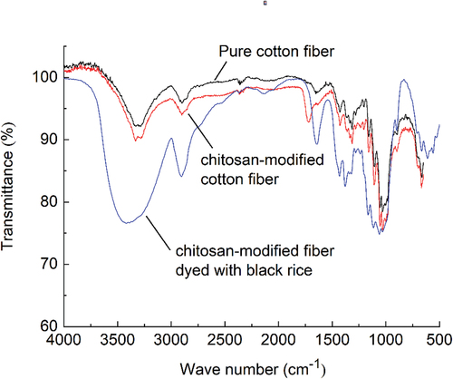 Figure 3. Infrared spectrums of pure cotton fiber and chitosan-modified cotton fiber.