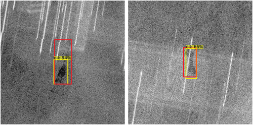 Figure 17. Examples of oil spills with interference caused by active transponders, which influence certain regions constantly. However, the object detector was still able to detect these oil spills well.