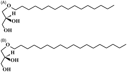 Figure 1. The chemical structure of alkylglycerols. (A) Chimyl alcohol and (B) batyl alcohol.