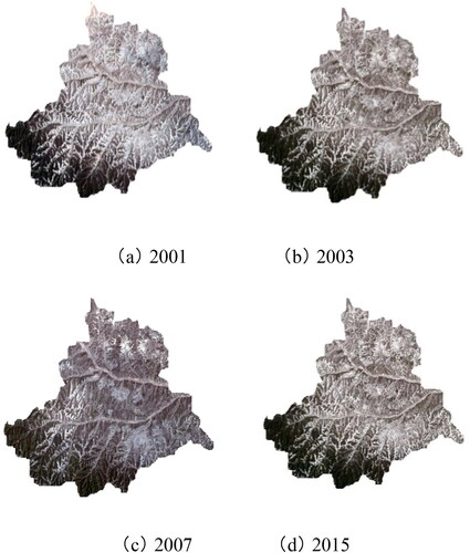 Figure 1. Town Landsat image data of Gaoqiao Town (a) 2001, (b) 2003, (c) 2005, (d) 2015.