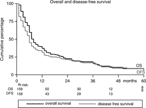 Figure 2.  Kaplan-Meier curve of overall and disease-free survival.