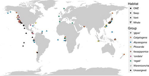 Fig. 1. Pliocardiinae: worldwide distribution (sites of materials examined). Habitats indicated with different symbols and phylogenetic groups differentiated by colours. Overlapping locations were displaced slightly for clarity. Coordinates available in Table S2 (see supplemental material online).