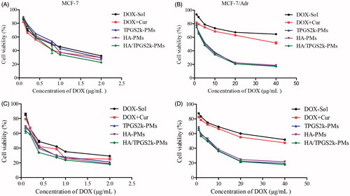 Figure 2. In vitro cytotoxicity of different DOX formulations against MCF-7 (A and C) and MCF-7/Adr cells (B and D) at 48 and 72 h post-treatment, respectively (mean ± SD, n = 3).