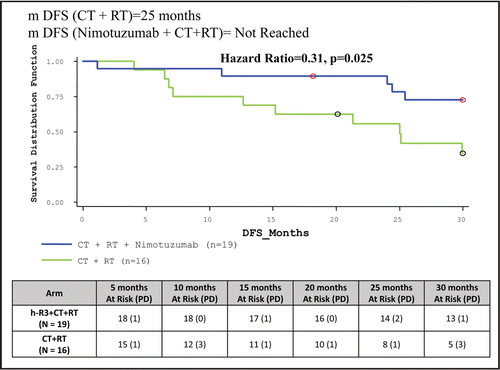 Figure 3 Comparison of disease free survival of nimotuzumab + CT + RT and CT + RT arm.