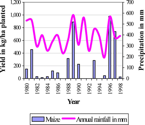 Figure 3: Maize yield variations in relation to precipitation in Ngamiland (Source: Bendsen & Meyer, Citation2003)