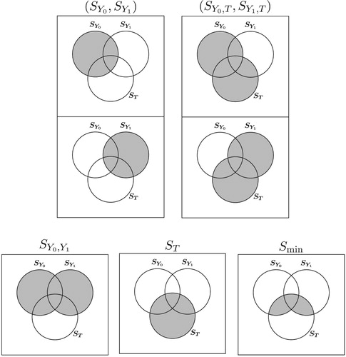Figure A1. Five choices of Sk in the space of all linear combinations of X. For (SY0,SY1) and (SY0,T,SY1,T), the first row are S0 for estimating Y0 characteristics, the second row are S1 for estimating Y1 characteristics.
