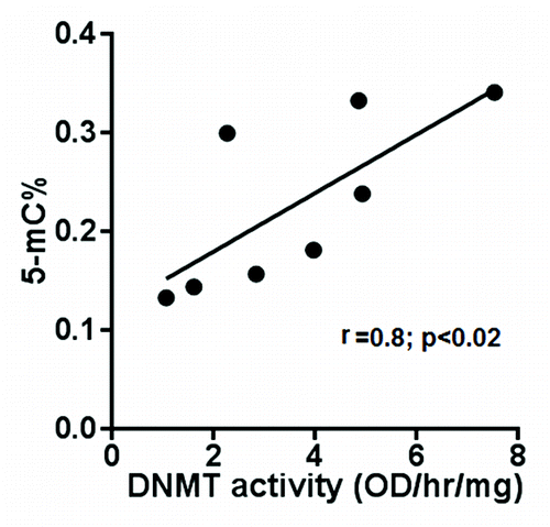 Figure 3. Correlation between DNMT activity and global DNA methylation. Total global DNA methylation and DNMT activity in nuclear extract of eight subjects were measured. DNA methylation (expressed as 5-mC% in total DNA) and DNMT activity (expressed as OD/hr/mg) were plotted against each other for each of the subjects.