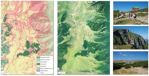 Figure 10. ML classification for Carpathian area, validated with orthophotos (2012) and field observations: (a) bare land with pasture and constructions, (b) rocky abrupt, (c) bare land with dwarf pine (Pinus mugo).