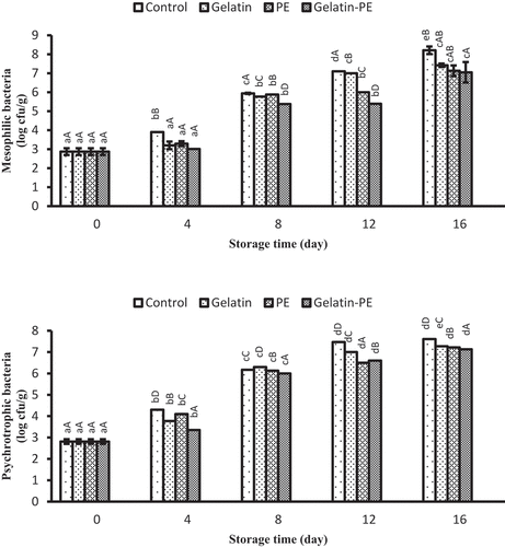 Figure 5. Combined effect of gelatin and propolis extract on microbiology properties (mesophilic and psychrotrophic bacteria) of Saurida tumbil during storage at refrigerator. Mean values and standard errors from the three replicates are presented. The different capital letters in the same columns within the same storage time indicate the significant differences (p < 0.05). The different small letters in the same rows within the same treatment indicate the significant differences (p < 0.05)