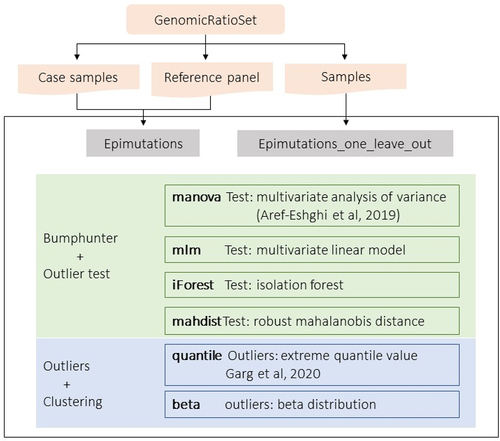 Figure 1. The epimutacions package workflow. The package accepts GenomicRatioSet object as an input. For the case–control configuration (epimutations function), the case samples and the reference panel are introduced separately. However, for the one-against-others configuration (epimutations_one_leave_out function), all samples are introduced together. The six outlier detection methods can be used with the two configurations. manova, iForest, mlm and mahdist identify differentially methylated regions using bumphunter and then test the outliers’ significance, while quantile and beta define outlier CpGs and then group them into epimutations.