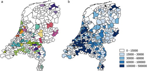 Figure 1. (a) Inter-municipal cooperations in 2012. (b) Actual scale of production per municipality in 2012.