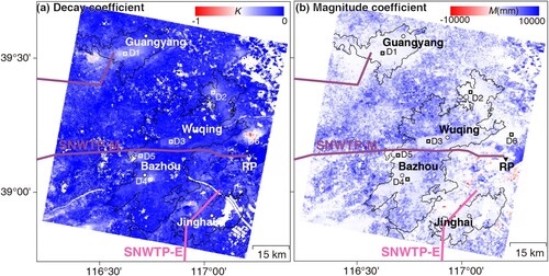 Figure 5. Modeled (a) decay coefficient K and (b) magnitude coefficient M from long-term subsidence using the exponential decaying model.