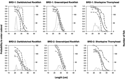 FIGURE 6. Mean selectivity curves quantifying a fish’s probability of entering the cod end of a trawl equipped with one of two bycatch reduction devices (BRD-1 and BRD-2), as modeled for Darkblotched Rockfish (length = cm FL), Greenstriped Rockfish (cm FL), and Shortspine Thornyheads (cm TL). Black solid lines represent the modeled value; black dashed lines depict the 95% confidence interval limits; open circles denote the experimental proportions of the catch observed in the cod end; gray solid lines depict the number of fish caught in the trawl cod end; and gray dashed lines represent the number of fish caught in the recapture net.