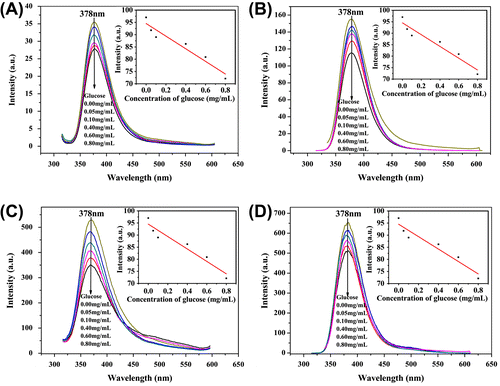 Figure 4. PL emission spectra of HPAMAMs (A), HPAMAMs-B1 (B), HPAMAMs-B2 (C), and HPAMAMs-B3 (D) in different concentration of glucose with mass fraction of 0.5 wt%.