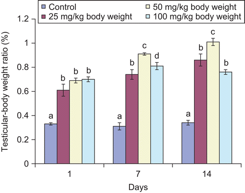 Figure 1.  Effect of administration of aqueous extract of Bulbine natalensis stem on testicular–body weight ratio of rats.