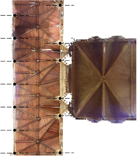 Figure 5. Orthophoto plan of Lincoln cathedral east cloister and chapter house vestibule. The western edge of the cloister walk features a different grid pattern from the eastern edge, with the two systems bridged via the vault design in plan.